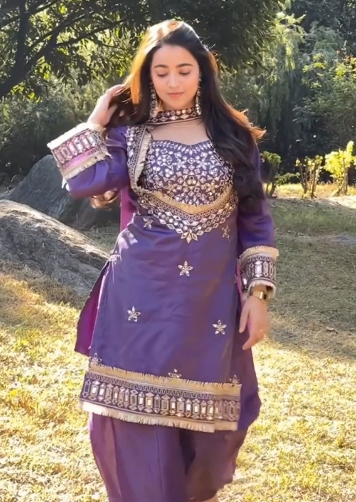 Purple Pure Premium Roman Silk Heavy Embroidery Work Kurti Pent With Dupatta