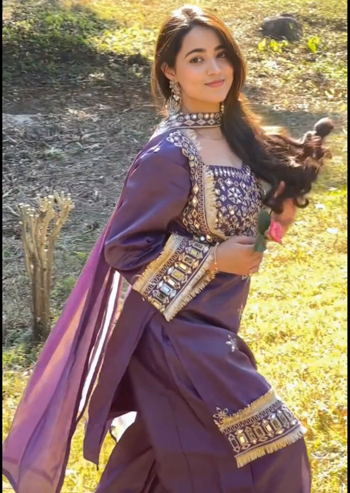 Purple Pure Premium Roman Silk Heavy Embroidery Work Kurti Pent With Dupatta