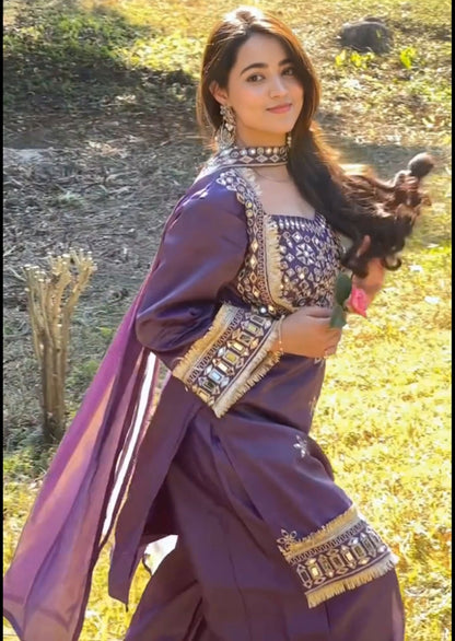 Purple Pure Premium Roman Silk Heavy Embroidery Work Kurti Pent With Dupatta
