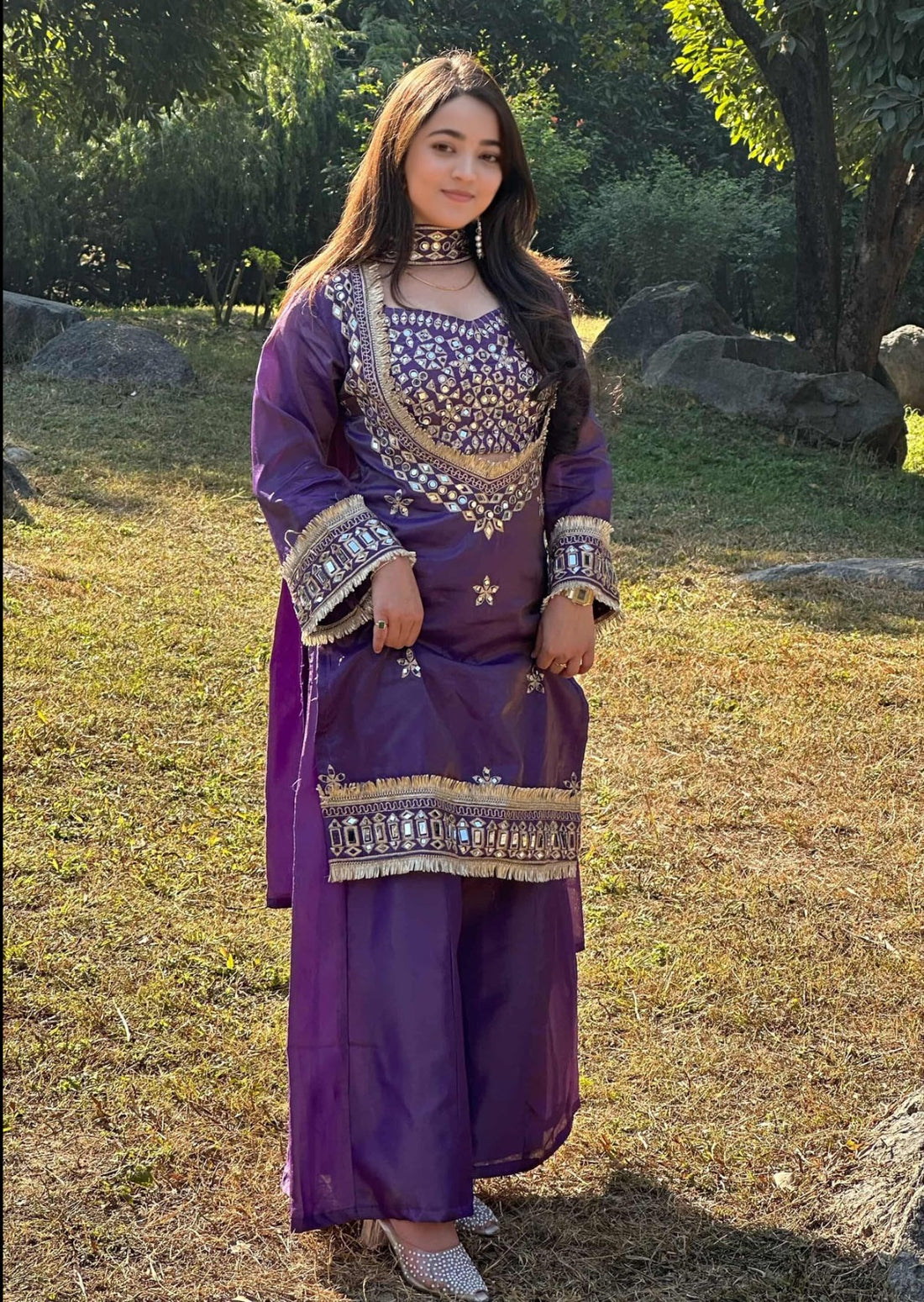 Purple Pure Premium Roman Silk Heavy Embroidery Work Kurti Pent With Dupatta