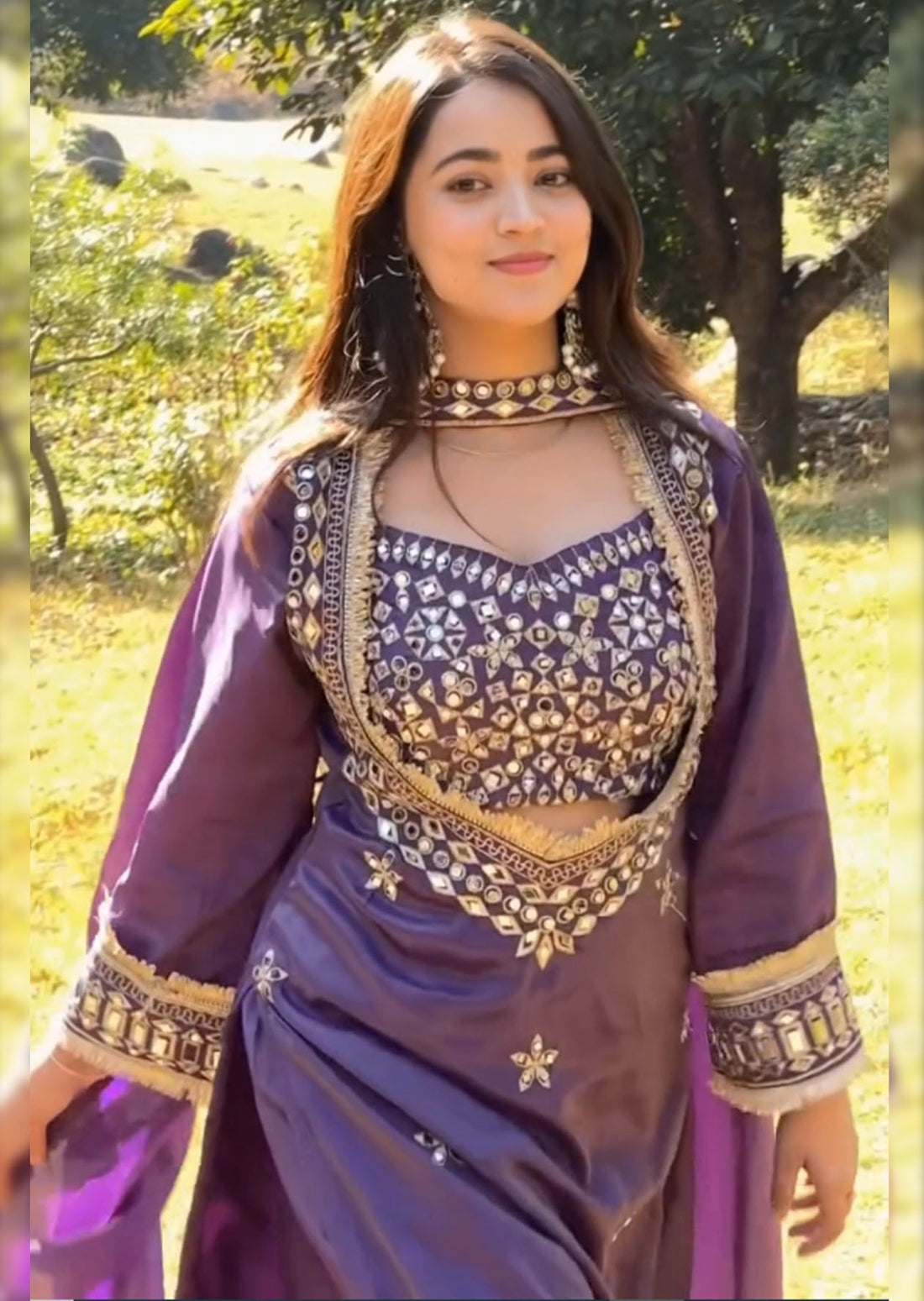 Purple Pure Premium Roman Silk Heavy Embroidery Work Kurti Pent With Dupatta