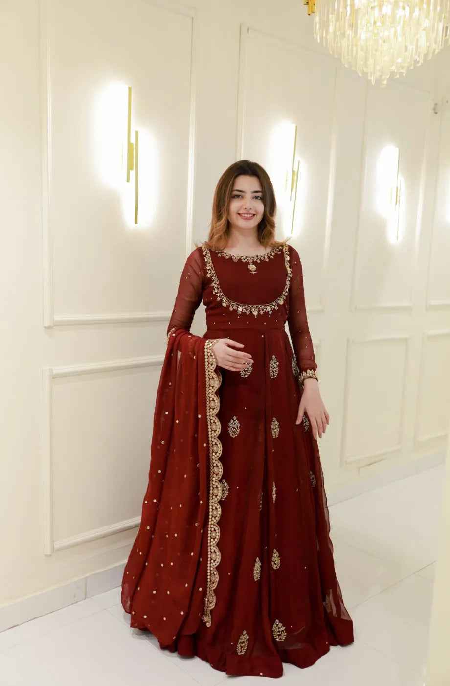 Wine Pure Georgette Thread Embroidery Sequins Work Anarkali Long Gown
