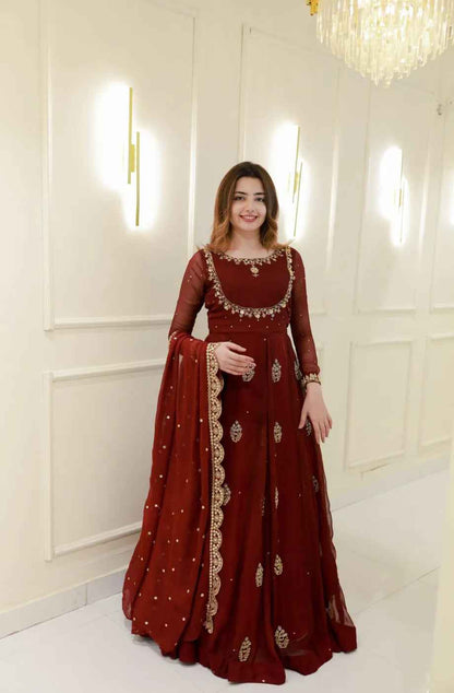 Wine Pure Georgette Thread Embroidery Sequins Work Anarkali Long Gown