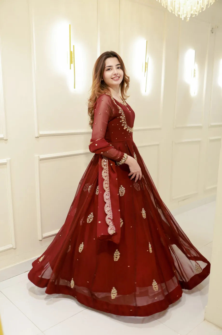 Wine Pure Georgette Thread Embroidery Sequins Work Anarkali Long Gown
