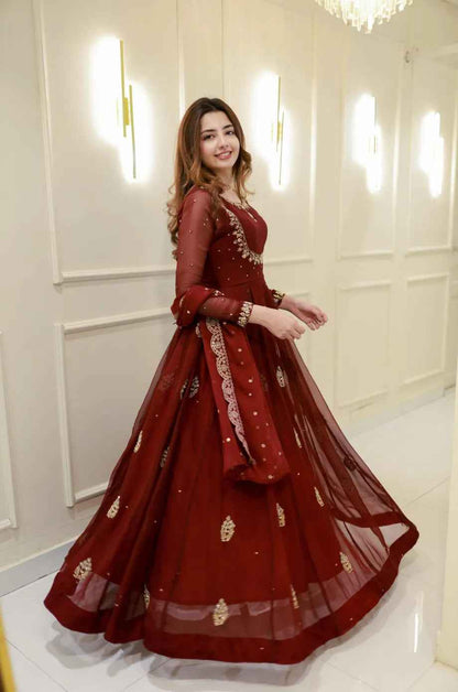 Wine Pure Georgette Thread Embroidery Sequins Work Anarkali Long Gown
