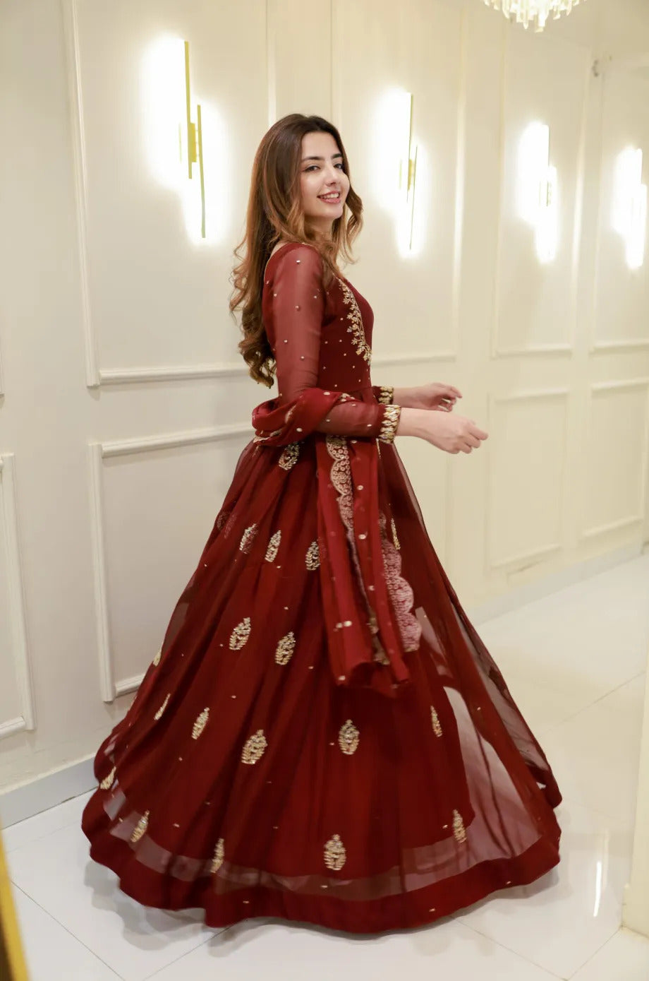 Wine Pure Georgette Thread Embroidery Sequins Work Anarkali Long Gown