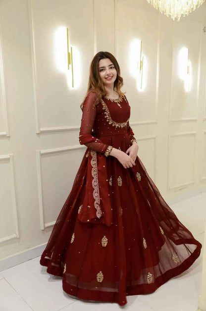 Wine Pure Georgette Thread Embroidery Sequins Work Anarkali Long Gown
