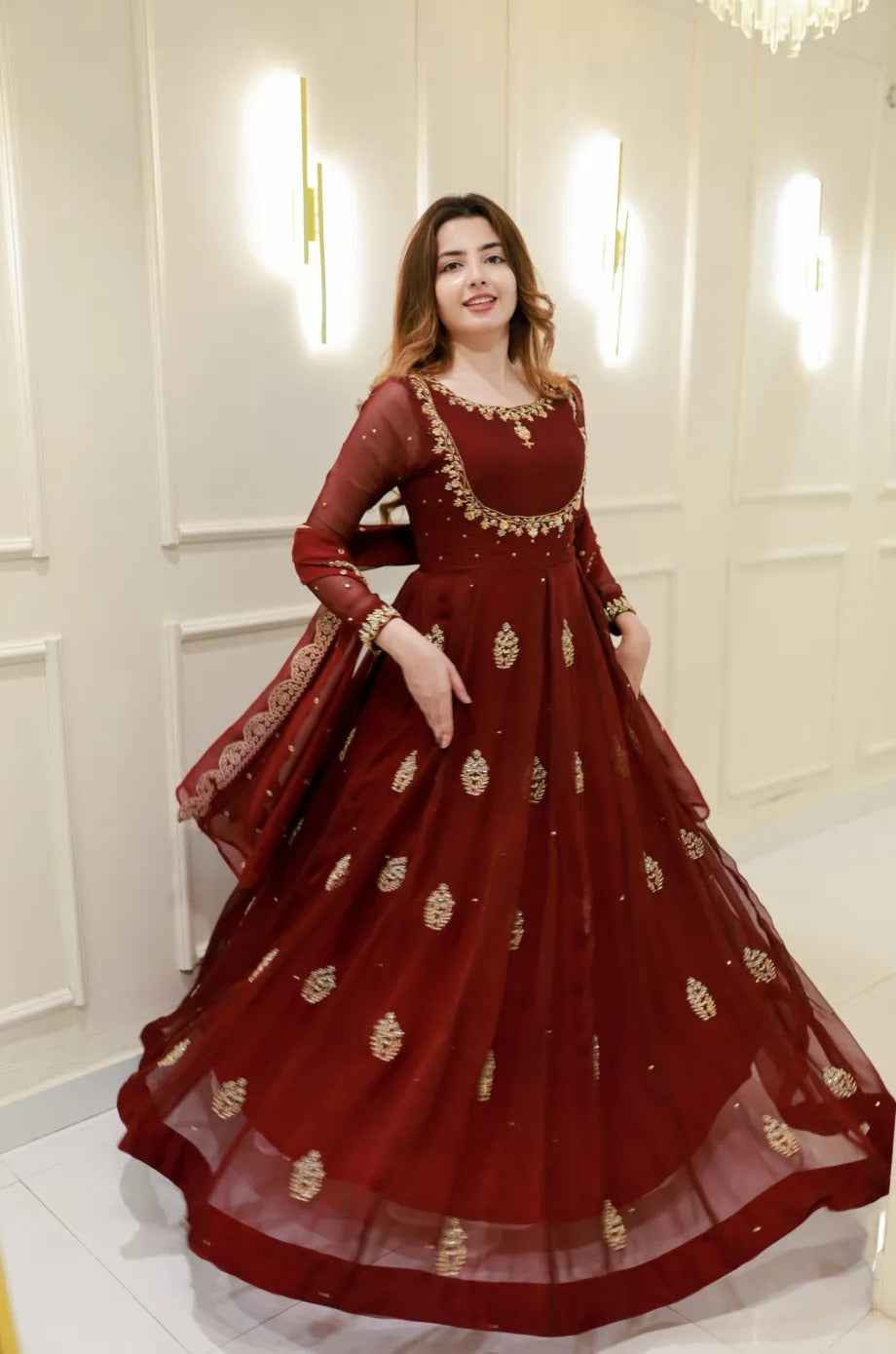 Wine Pure Georgette Thread Embroidery Sequins Work Anarkali Long Gown