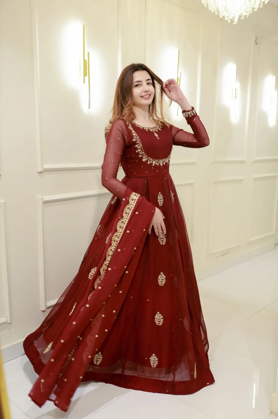 Wine Pure Georgette Thread Embroidery Sequins Work Anarkali Long Gown