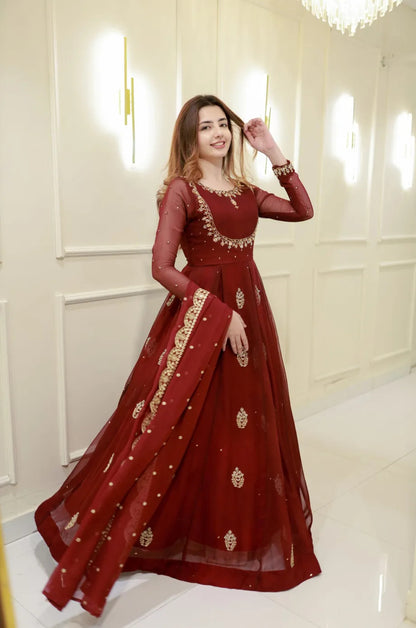 Wine Pure Georgette Thread Embroidery Sequins Work Anarkali Long Gown