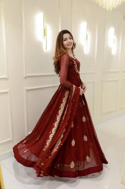 Wine Pure Georgette Thread Embroidery Sequins Work Anarkali Long Gown