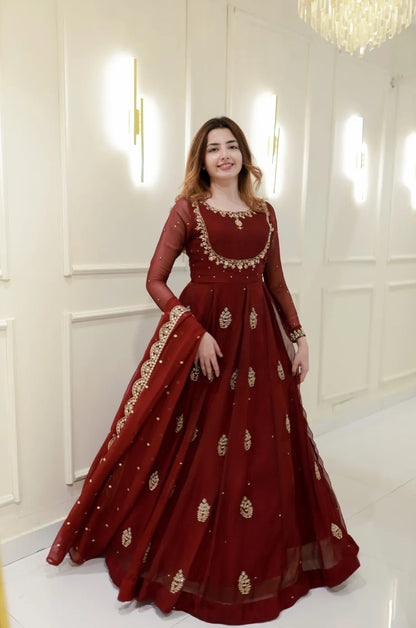 Wine Pure Georgette Thread Embroidery Sequins Work Anarkali Long Gown