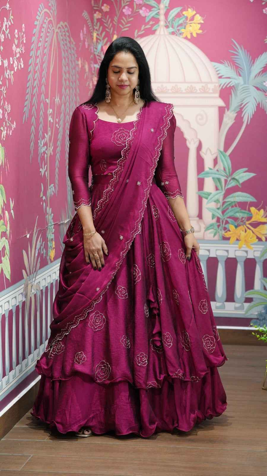 Magenta Pure Vertical Viscose Thread Embroidery Sequins Work Anarkali Long Gown