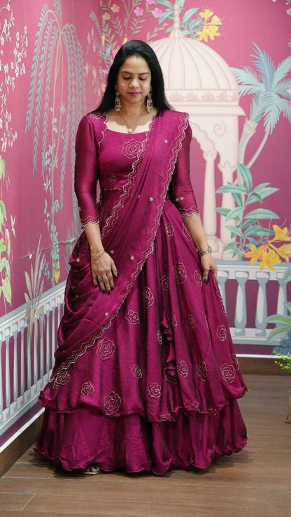 Magenta Pure Vertical Viscose Thread Embroidery Sequins Work Anarkali Long Gown