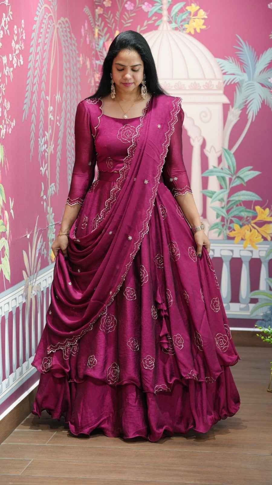 Magenta Pure Vertical Viscose Thread Embroidery Sequins Work Anarkali Long Gown