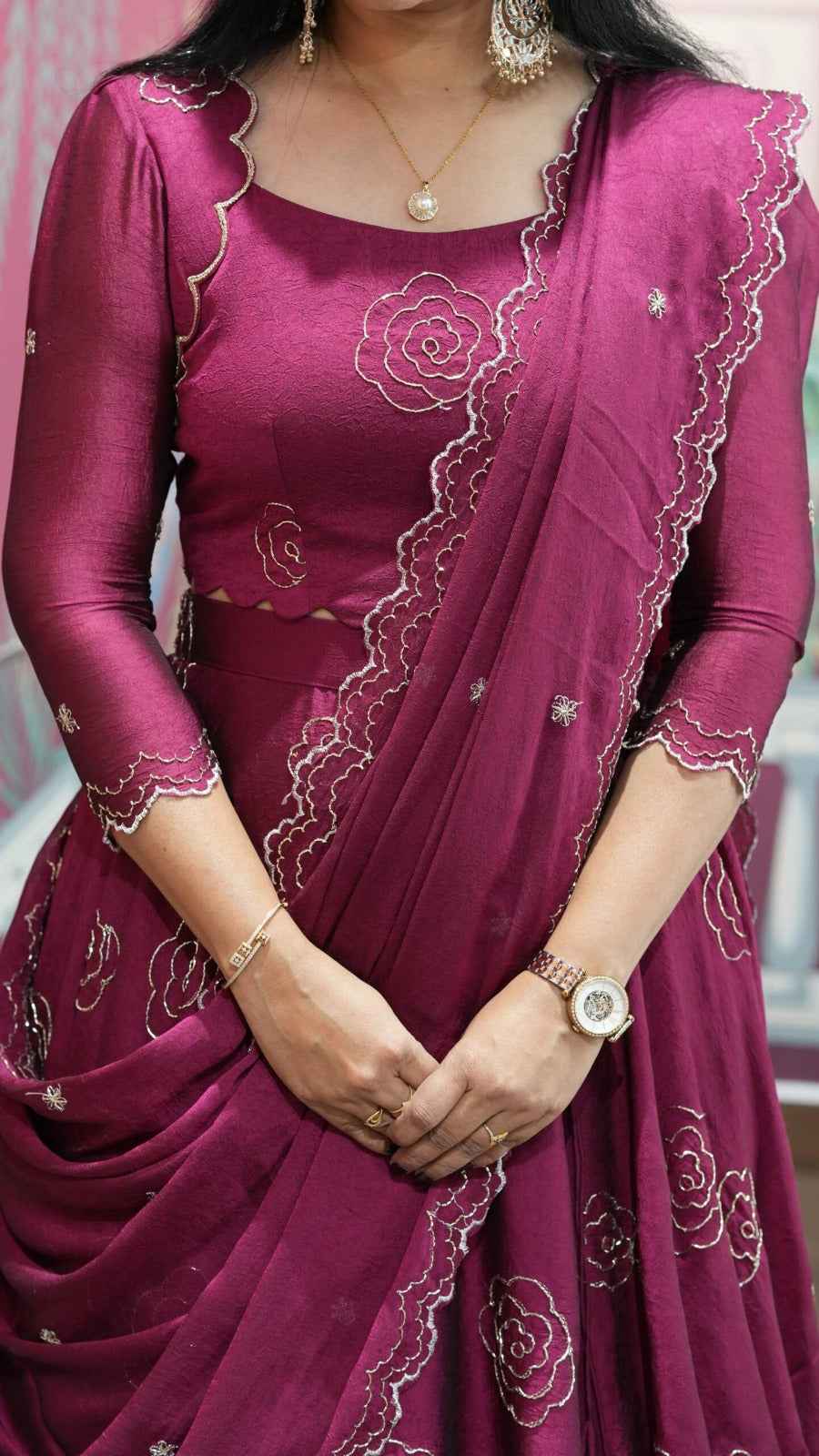 Magenta Pure Vertical Viscose Thread Embroidery Sequins Work Anarkali Long Gown