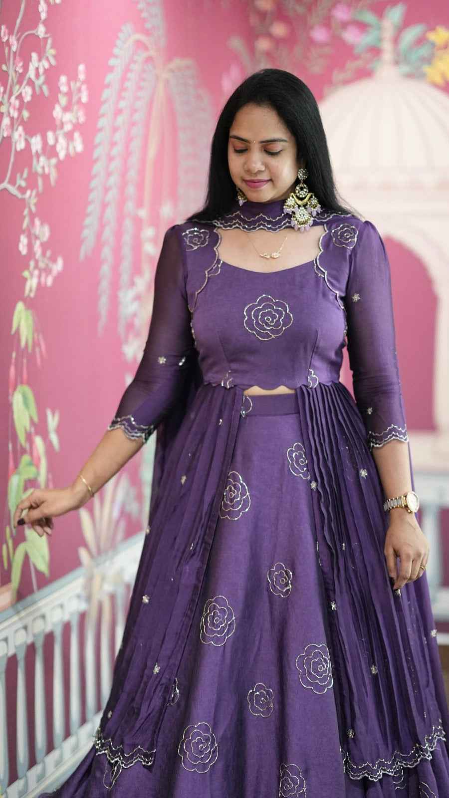 Purple Pure Vertical Viscose Thread Embroidery Sequins Work Anarkali Long Gown