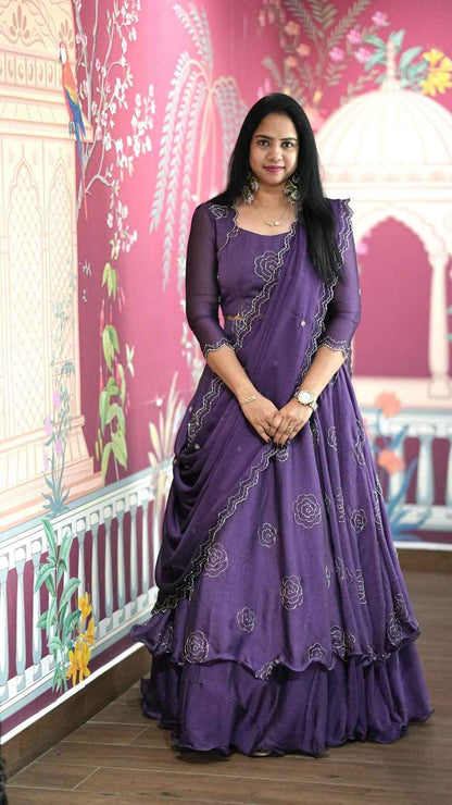 Purple Pure Vertical Viscose Thread Embroidery Sequins Work Anarkali Long Gown