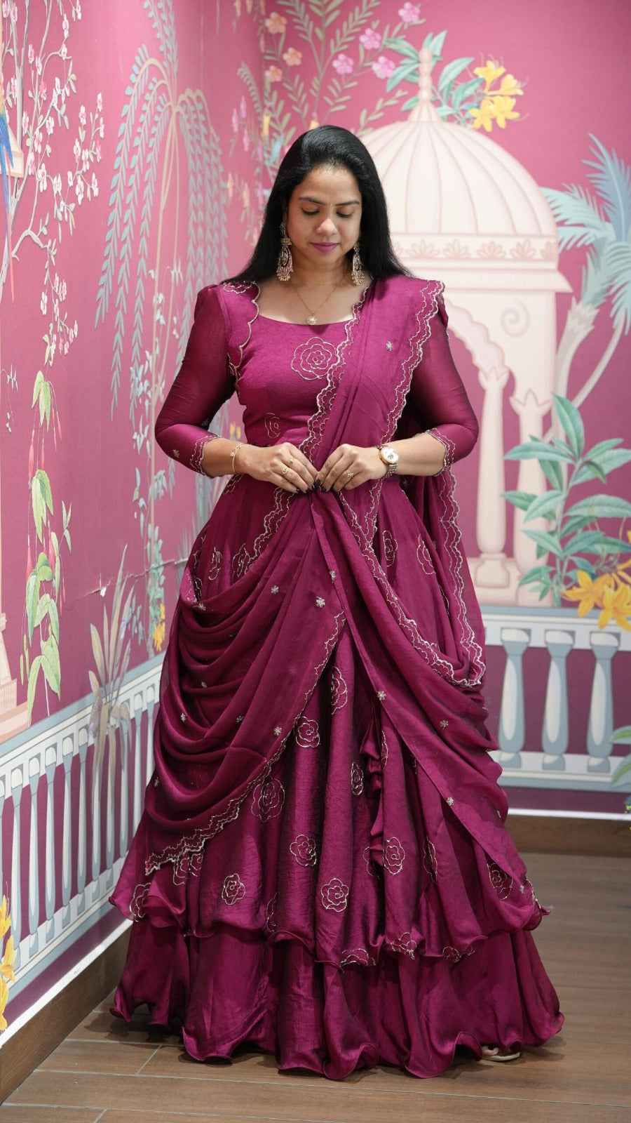 Magenta Pure Vertical Viscose Thread Embroidery Sequins Work Anarkali Long Gown