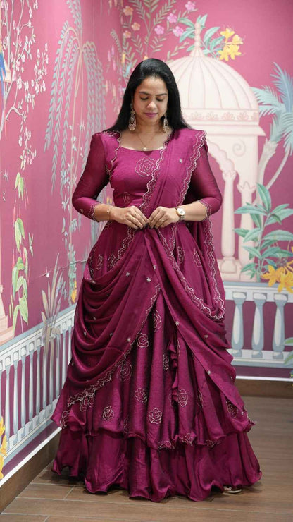 Magenta Pure Vertical Viscose Thread Embroidery Sequins Work Anarkali Long Gown