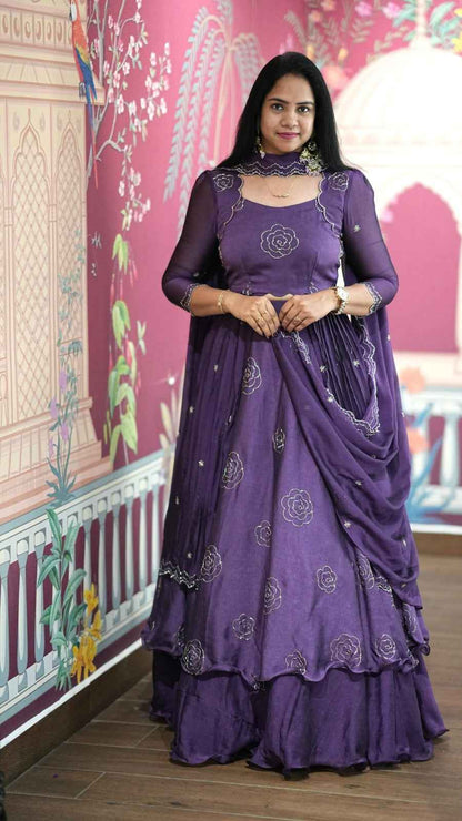 Purple Pure Vertical Viscose Thread Embroidery Sequins Work Anarkali Long Gown