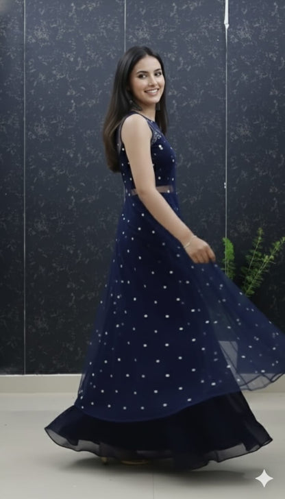 Navy Blue Pure Soft Net Silk Overcoat Lehenga Set