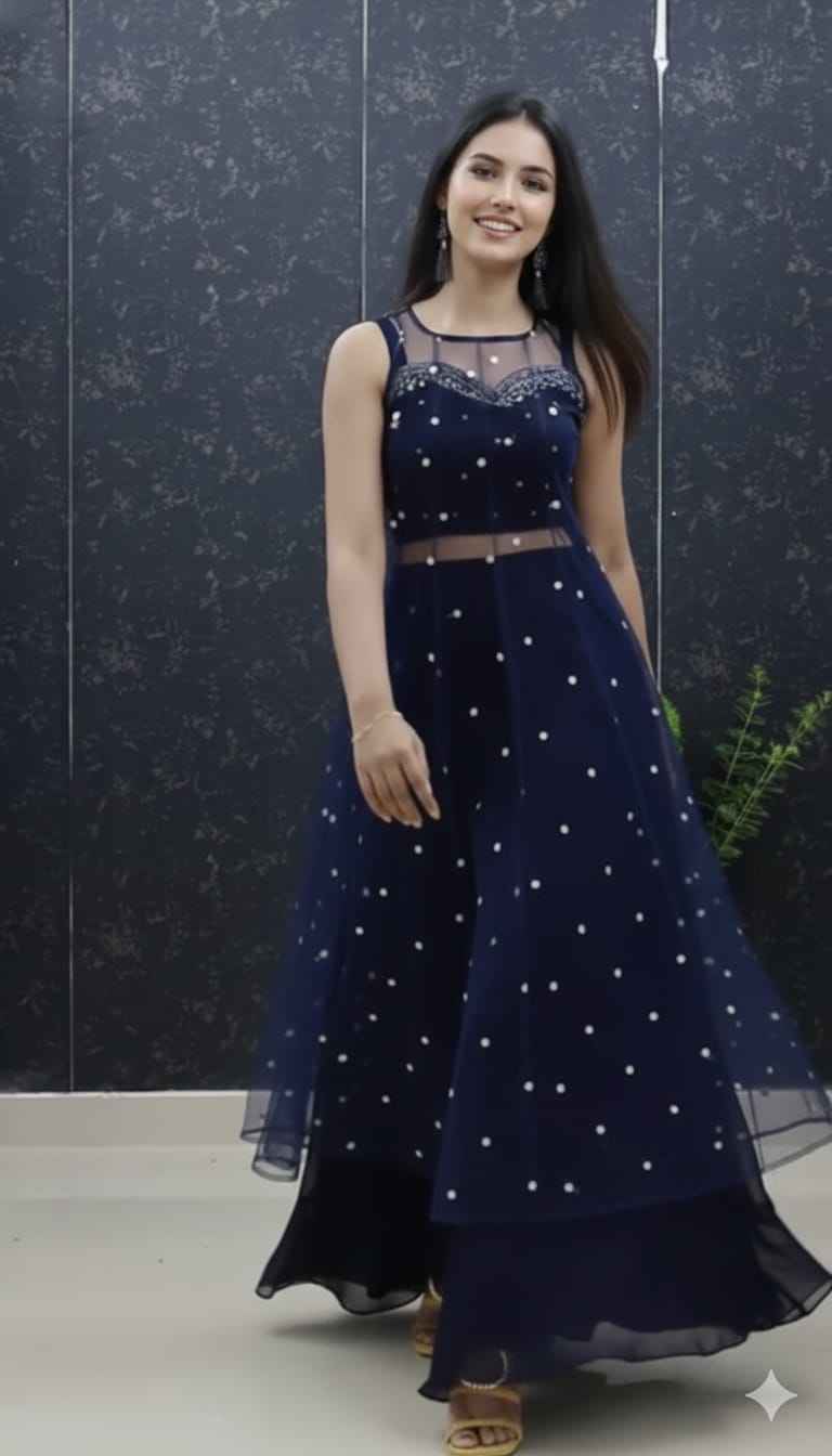 Navy Blue Pure Soft Net Silk Overcoat Lehenga Set
