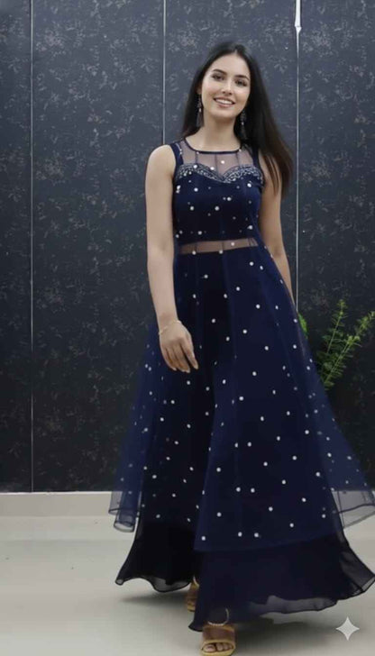 Navy Blue Pure Soft Net Silk Overcoat Lehenga Set