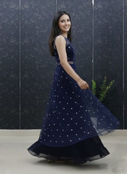 Navy Blue Pure Soft Net Silk Overcoat Lehenga Set