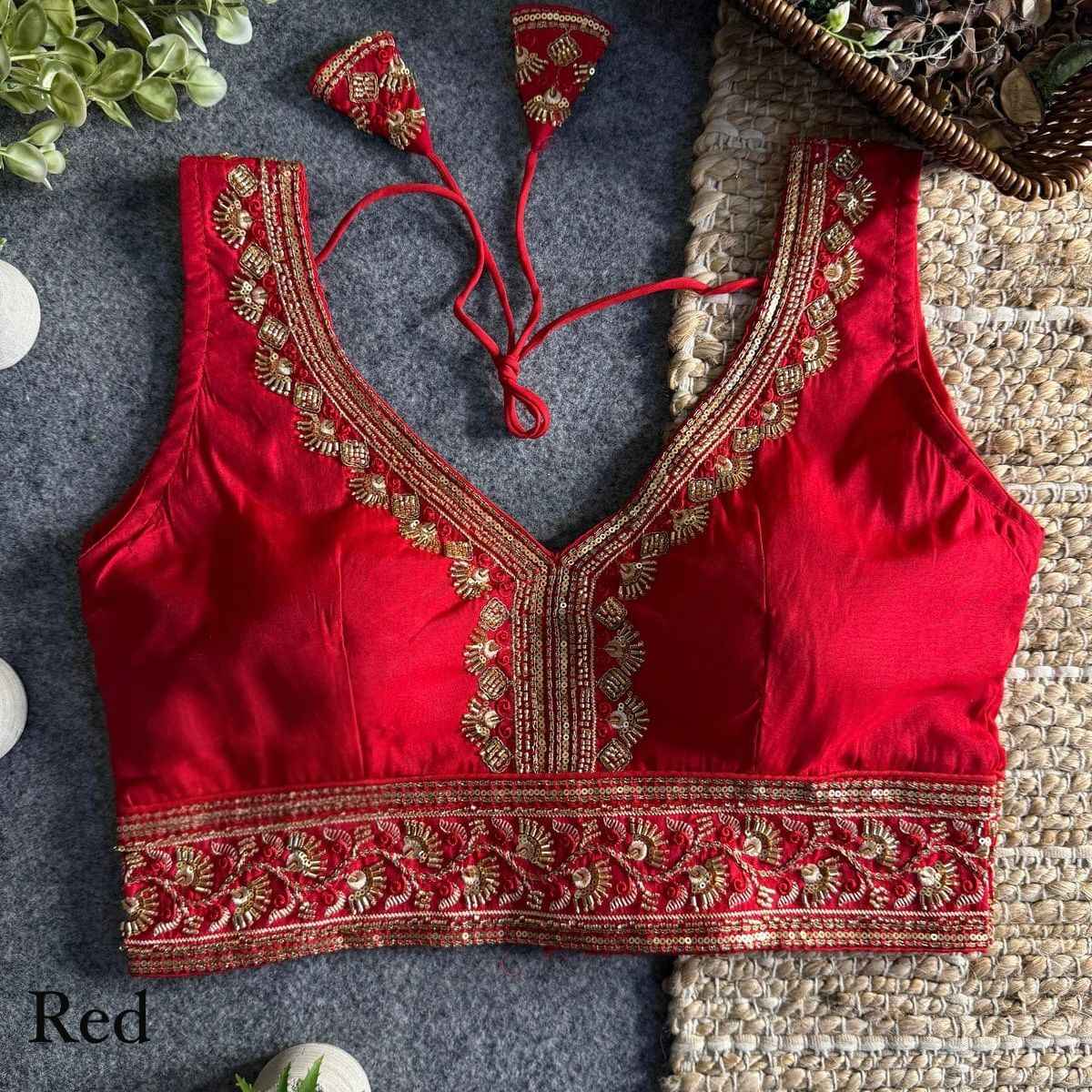 Red Heavy Pure Soft Roman Silk With Tricot Fuising V Neck Blouse