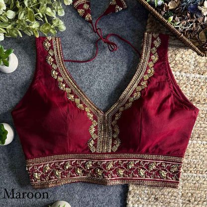 Maroon Heavy Pure Soft Roman Silk With Tricot Fuising V Neck Blouse