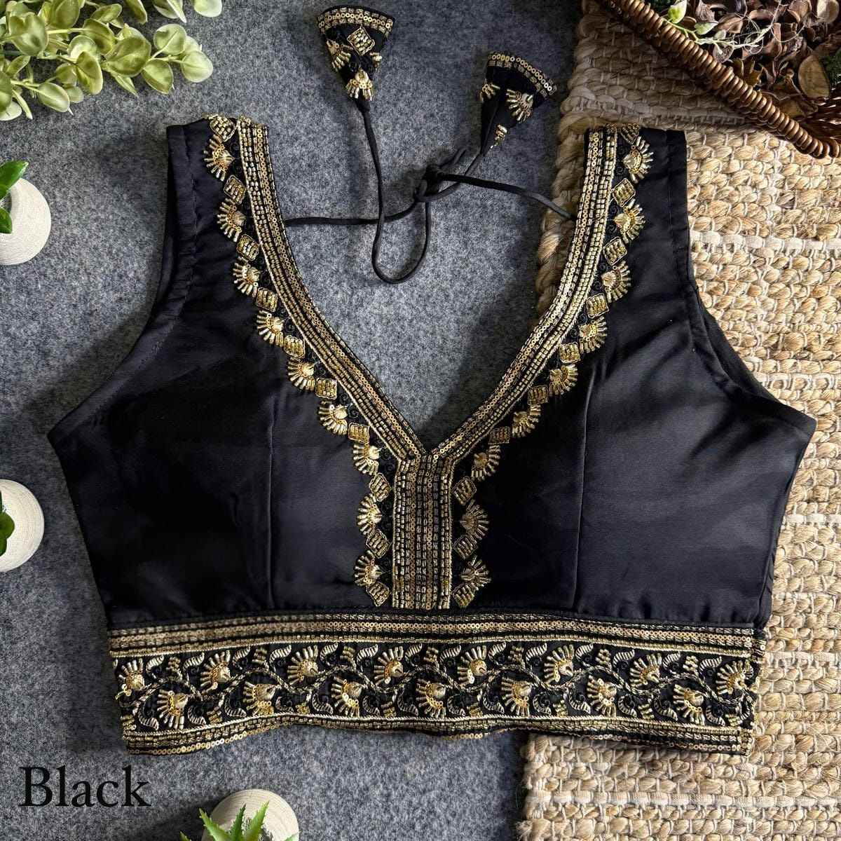 Black Heavy Pure Soft Roman Silk With Tricot Fuising V Neck Blouse