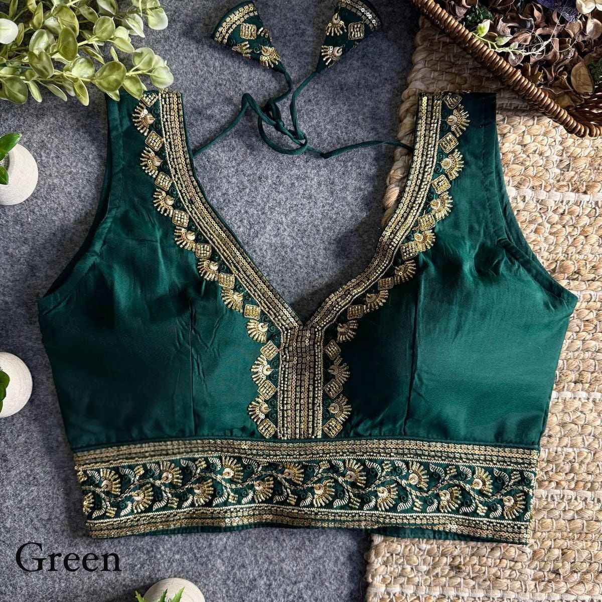 Green Heavy Pure Soft Roman Silk With Tricot Fuising V Neck Blouse