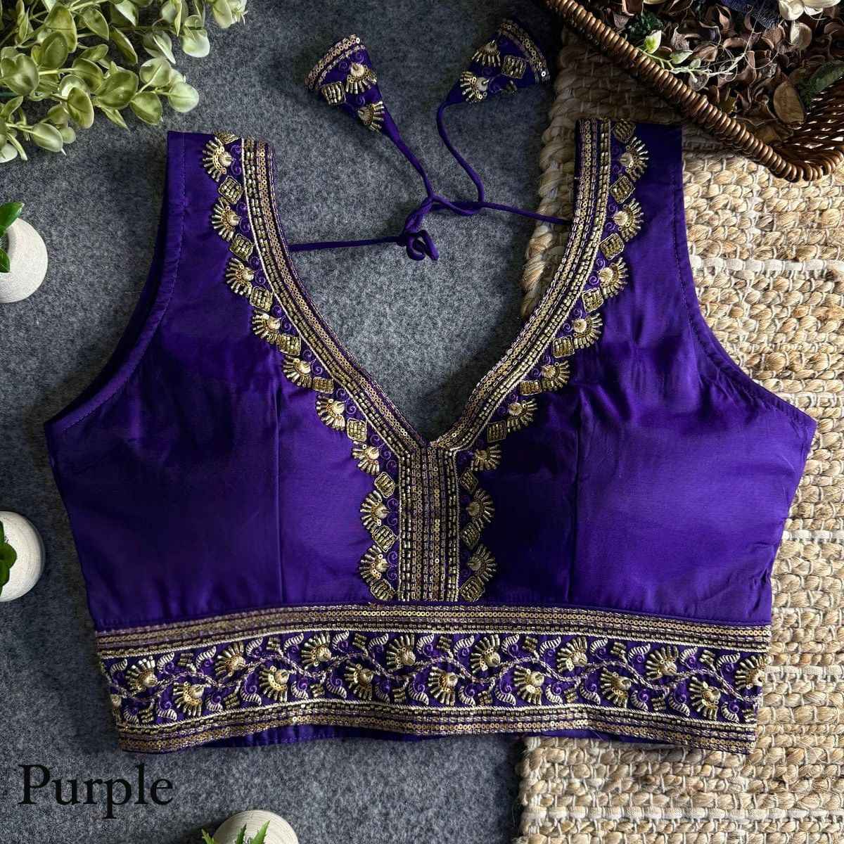 Purple Heavy Pure Soft Roman Silk With Tricot Fuising V Neck Blouse