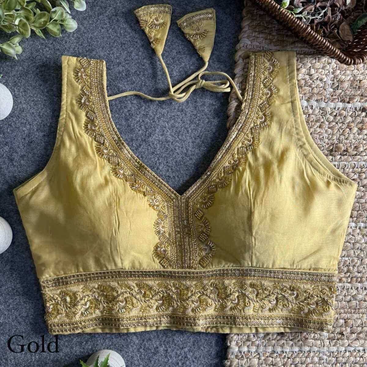 Gold Heavy Pure Soft Roman Silk With Tricot Fuising V Neck Blouse