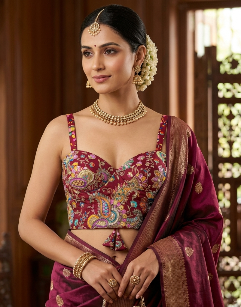 Maroon Pure Heavy Banarasi Position Work Corset Style Blouse