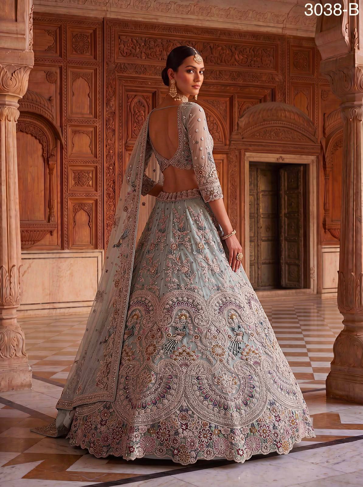 Sky Pure Heavy Net Sequins Sequins Zari Embroidery Work Net Bridal Lehenga Choli