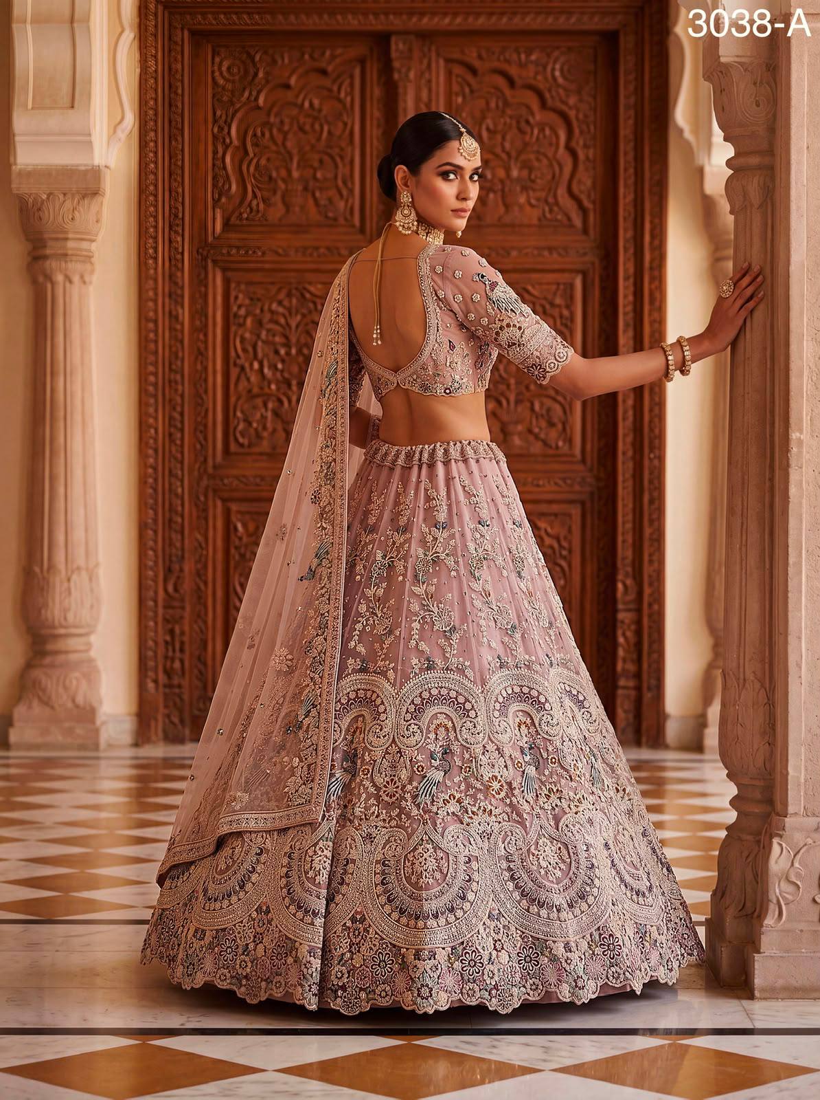 Pink Pure Heavy Net Sequins Sequins Zari Embroidery Work Net Bridal Lehenga Choli