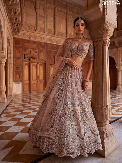 Pink Pure Heavy Net Sequins Sequins Zari Embroidery Work Net Bridal Lehenga Choli