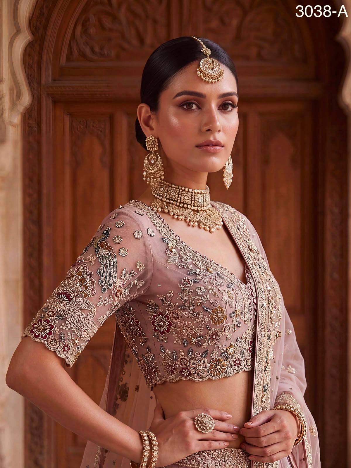 Pink Pure Heavy Net Sequins Sequins Zari Embroidery Work Net Bridal Lehenga Choli