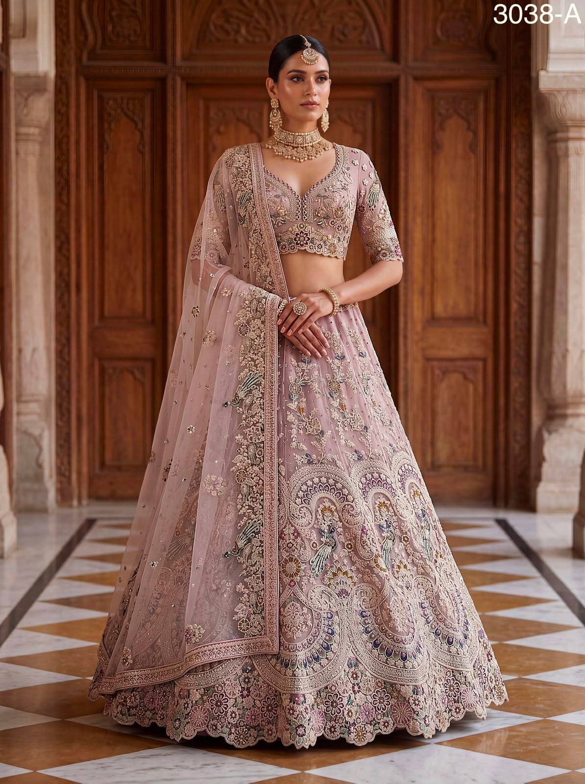 Pink Pure Heavy Net Sequins Sequins Zari Embroidery Work Net Bridal Lehenga Choli