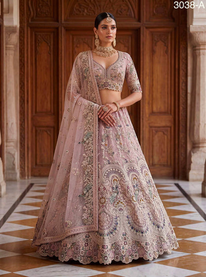 Pink Pure Heavy Net Sequins Sequins Zari Embroidery Work Net Bridal Lehenga Choli