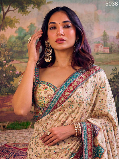 Cream Pure Premium Silk Balend Position Hand Print and Sequin Work Bridal Saree