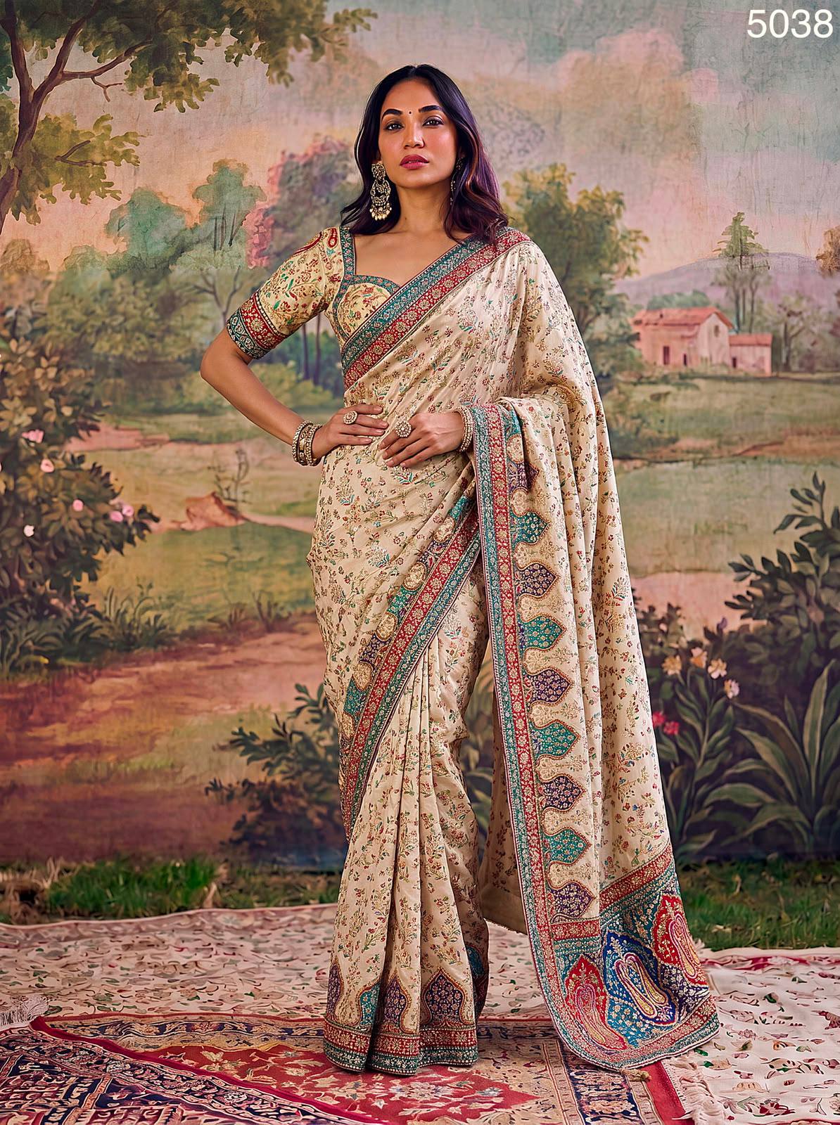 Cream Pure Premium Silk Balend Position Hand Print and Sequin Work Bridal Saree