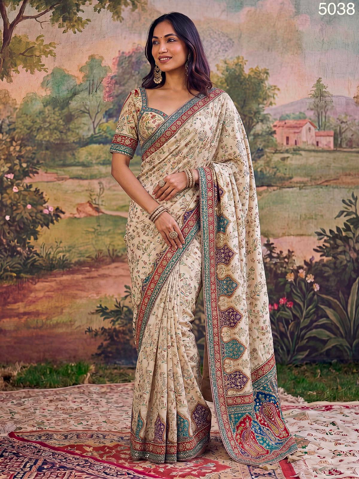 Cream Pure Premium Silk Balend Position Hand Print and Sequin Work Bridal Saree