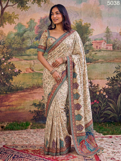Cream Pure Premium Silk Balend Position Hand Print and Sequin Work Bridal Saree