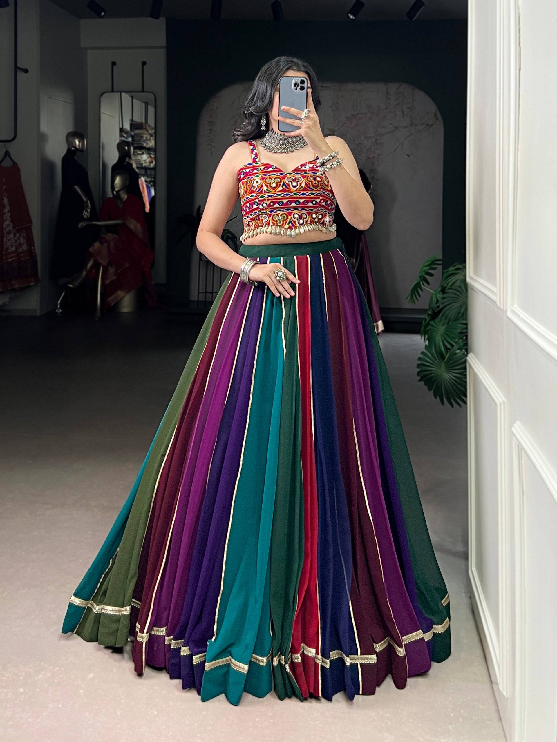 Multicolour Pure Georgette Gotta Patti Work Navratri Lehenga Choli
