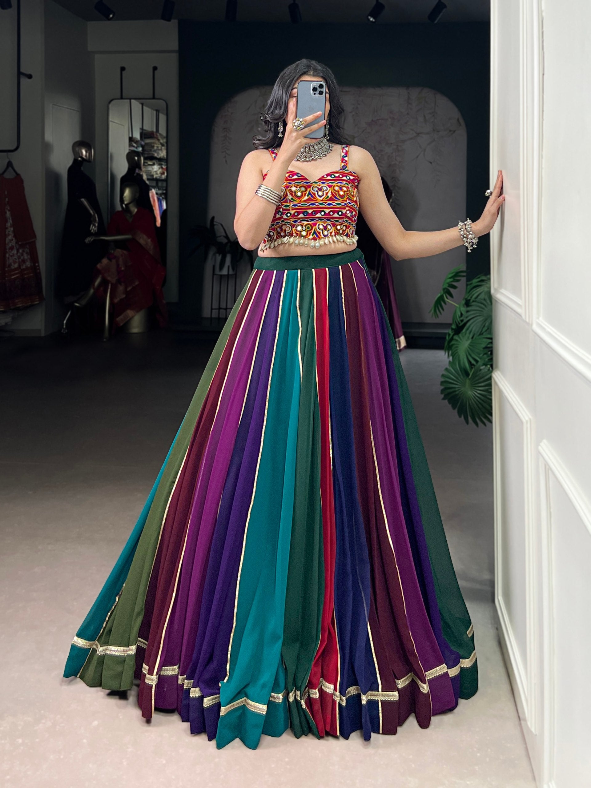 Multicolour Pure Georgette Gotta Patti Work Navratri Lehenga Choli