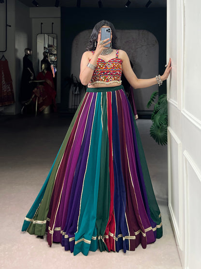 Multicolour Pure Georgette Gotta Patti Work Navratri Lehenga Choli