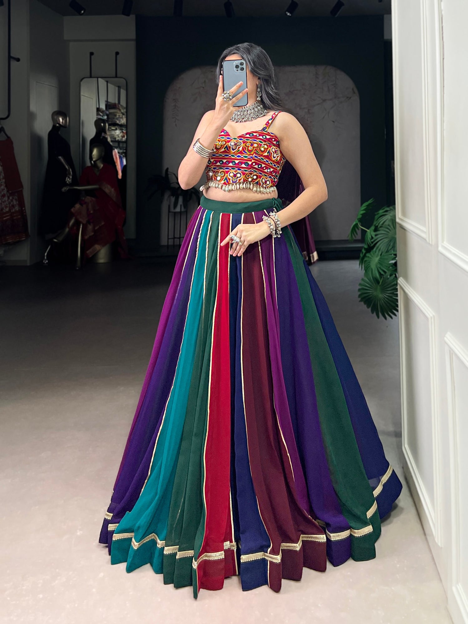 Multicolour Pure Georgette Gotta Patti Work Navratri Lehenga Choli